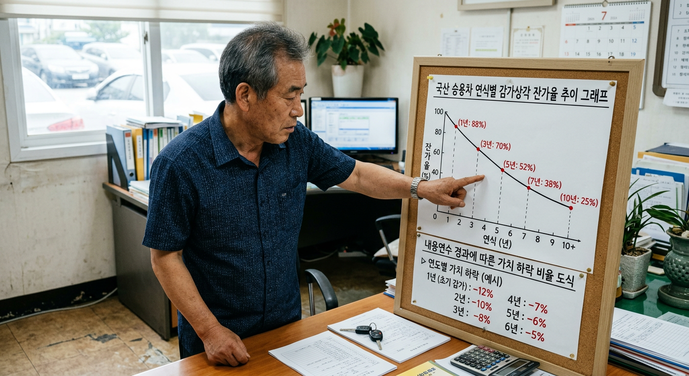 국산 승용차 연식별 감가상각 잔가율 추이 그래프 및 내용연수 경과에 따른 가치 하락 비율 도식 LPG 차량 장기렌트 인수