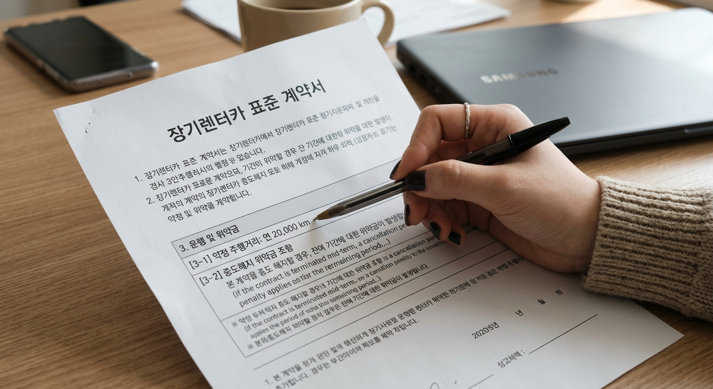 장기렌트 계약서 서류 위에서 펜으로 약정 주행거리와 중도해지 위약금 조항을 가리키는 손