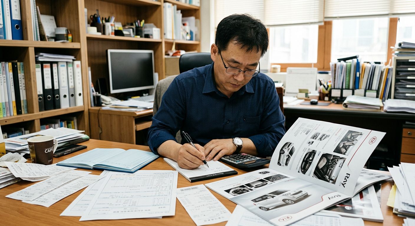 세무 자료와 기아 레이 카탈로그를 보며 부가세 환급 혜택을 계산하고 있는 40대 남성 사장님의 모습 레이 장기렌트 견적