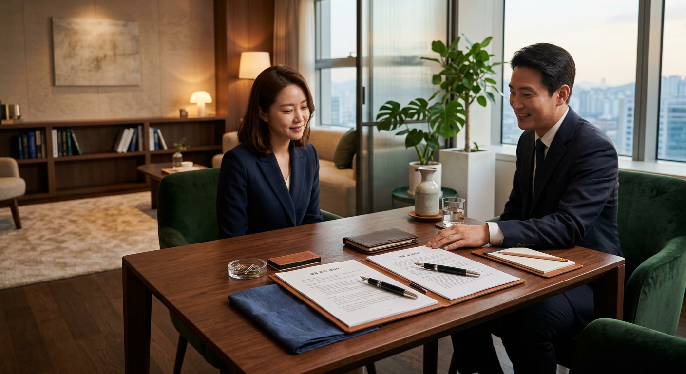 고급스럽고 아늑하게 꾸며진 금융 플랫폼 고객 상담실 테이블 위에 계약 서류와 세련된 펜이 놓여 있는 장면