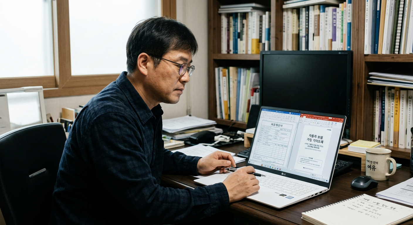 노트북 화면에 띄워진 세금 계산서와 자동차 보험 가입 가이드북을 검토하는 남성의 모습