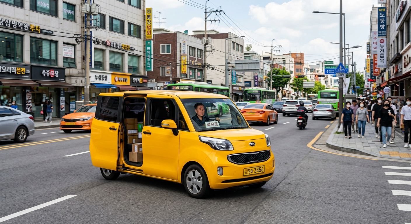 노란색 기아 레이 밴 차량이 도심 도로를 부드럽게 주행하며 배달 업무를 수행하는 모습