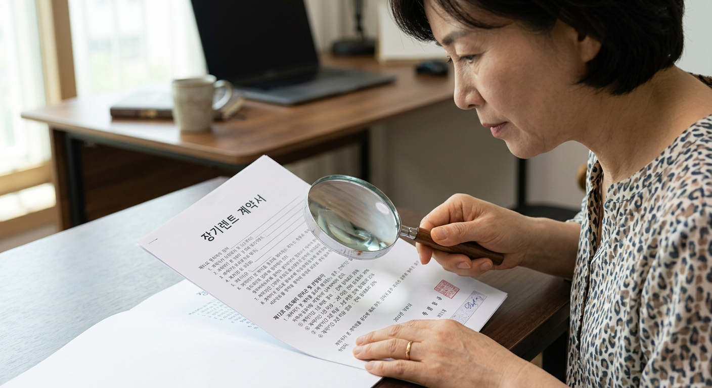 장기렌트 계약서의 중도해지 위약금율 조항을 돋보기로 꼼꼼하게 들여다보는 손 이미지 경차장기렌트 비용