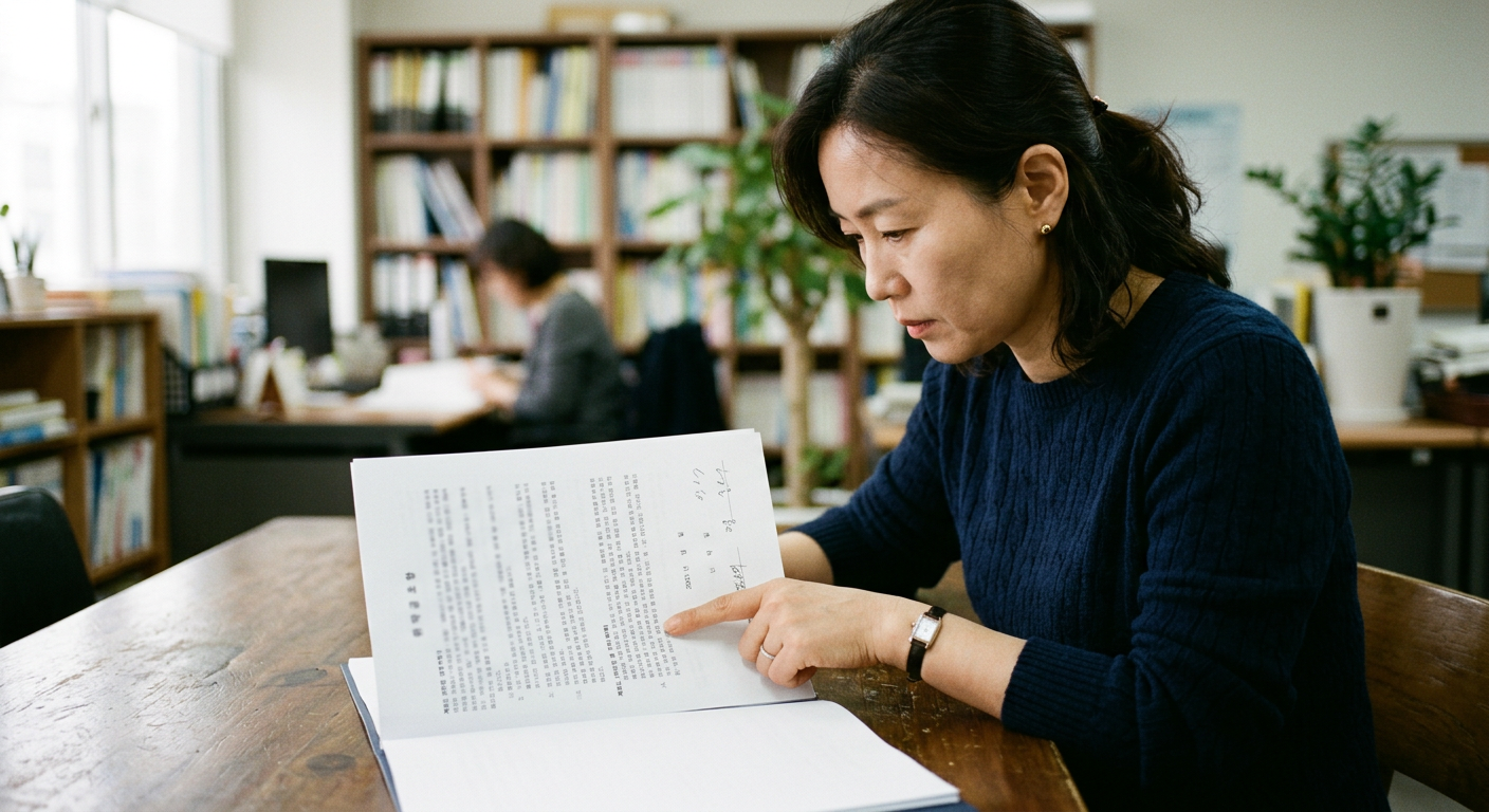 계약서의 위약금 조항 부분을 꼼꼼하게 손가락으로 짚어가며 읽고 있는 모습 장기렌트 리스 차이