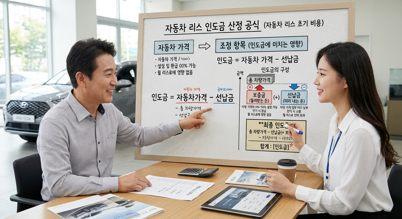 자동차리스 인도금 산정 공식을 도식화한 인포그래픽, 보증금(+)과 선납금(-)의 차이 시각화 리스 승계 세무 처리