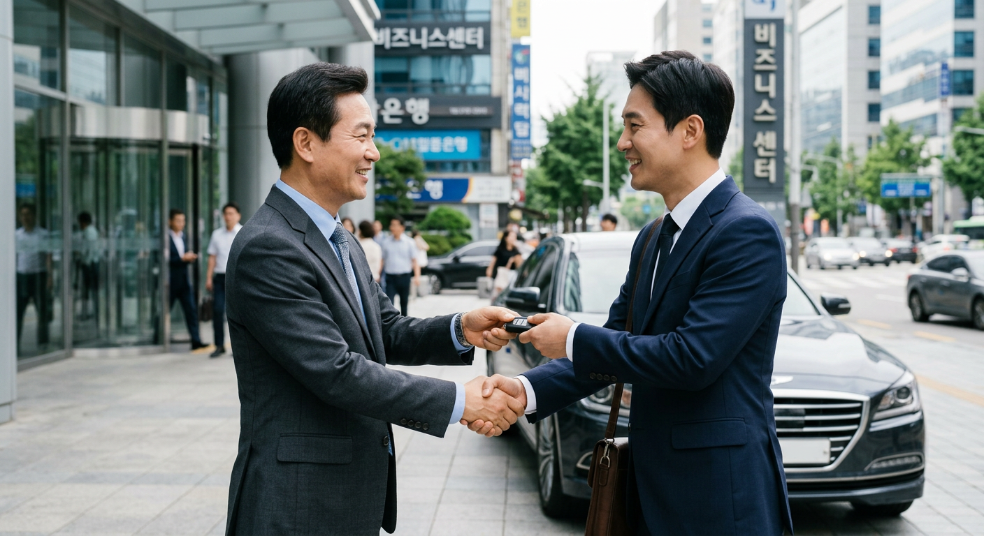 정장을 입은 비즈니스 파트너들이 악수를 나누며 차량 열쇠를 주고받는 모습