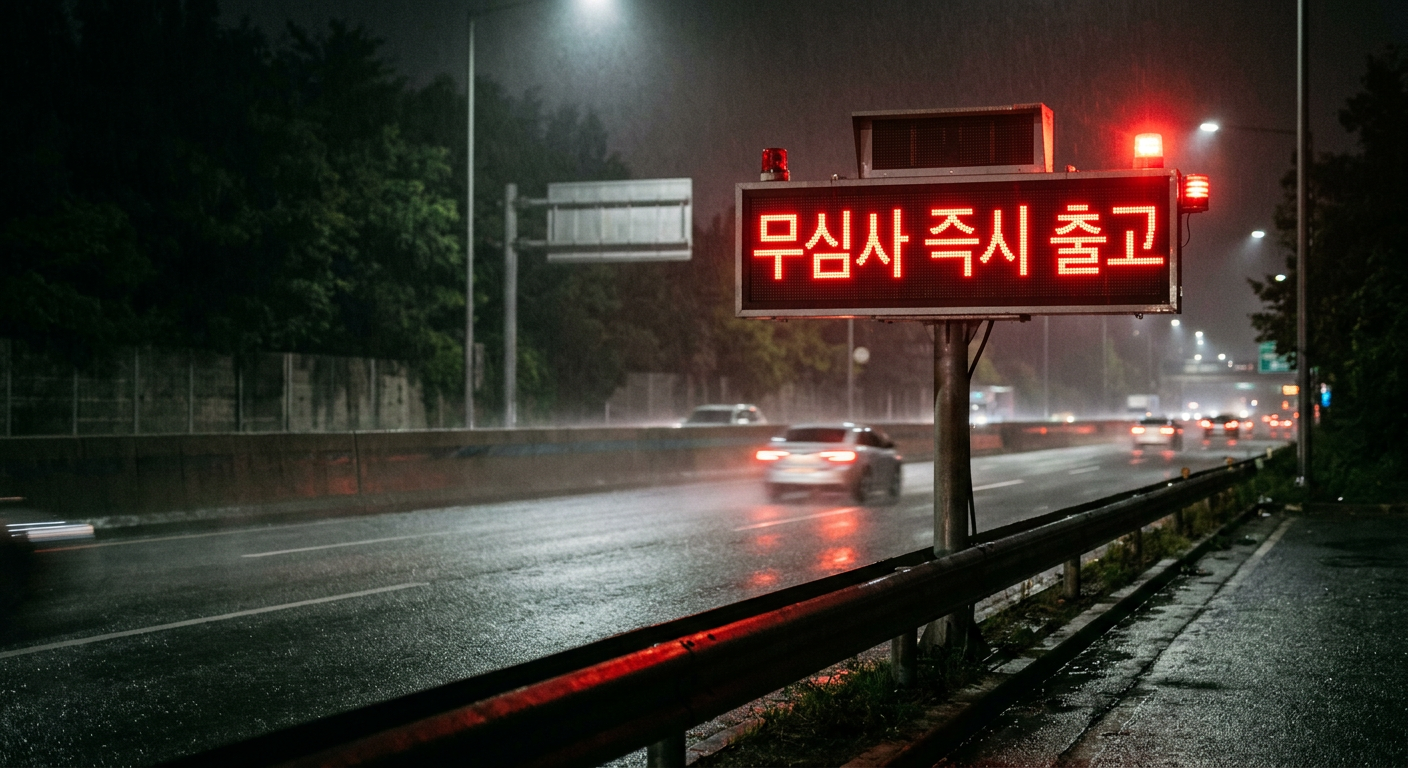 어두운 도로 위에 '무심사 즉시 출고'라는 표지판이 붉은색 경고등과 함께 켜져 있는 경고성 일러스트