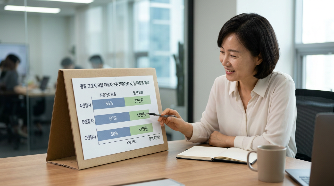 동일 그랜저 모델에 대해 렌탈사 3곳이 제시하는 잔존가치 비율과 월 렌탈료의 차이를 비교한 가로형 막대 그래프 그랜저 풀체인지 장기렌트
