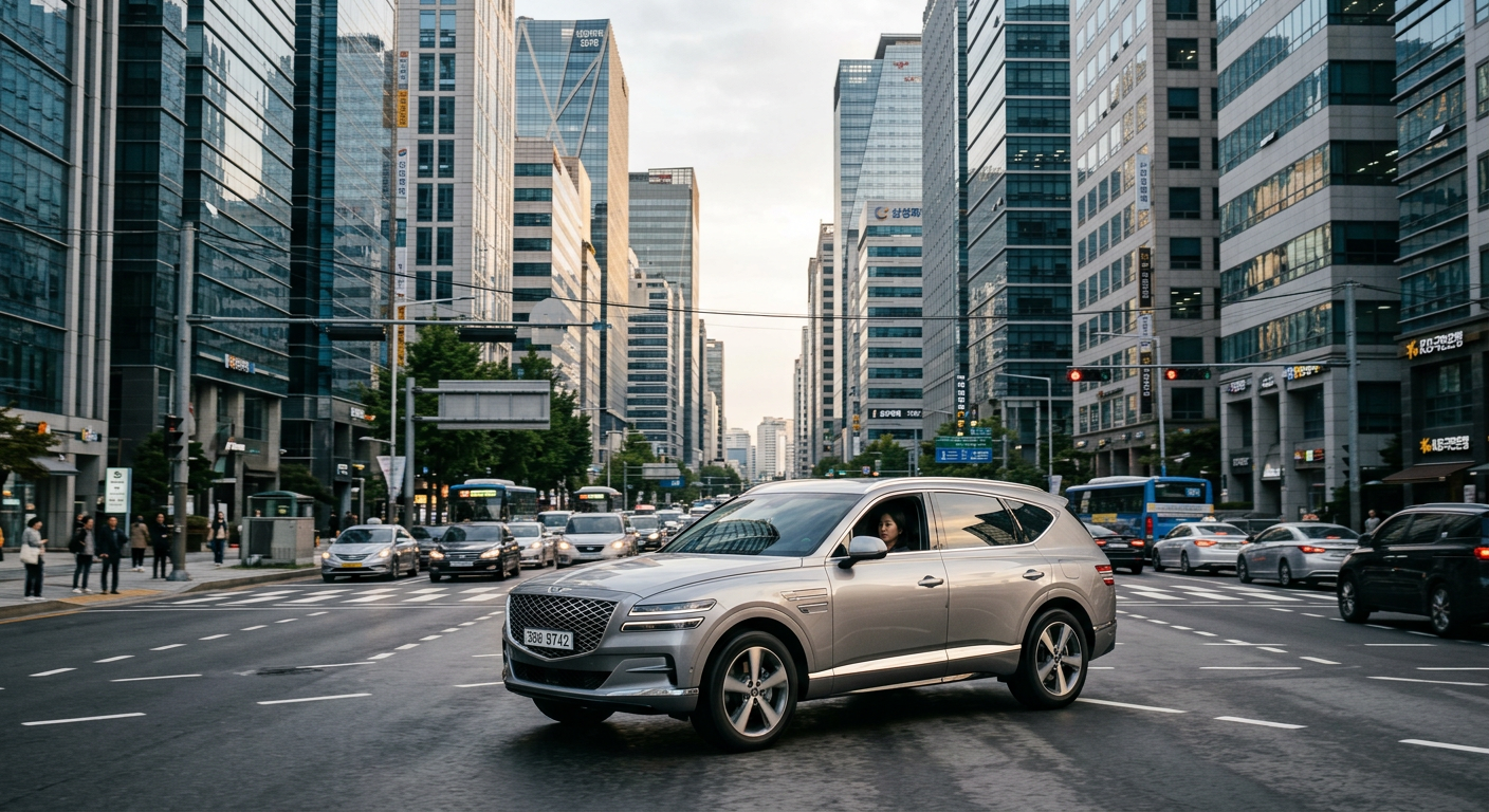 도심 빌딩 숲 사이를 통과하여 달리는 은색 SUV 차량의 세련된 모습