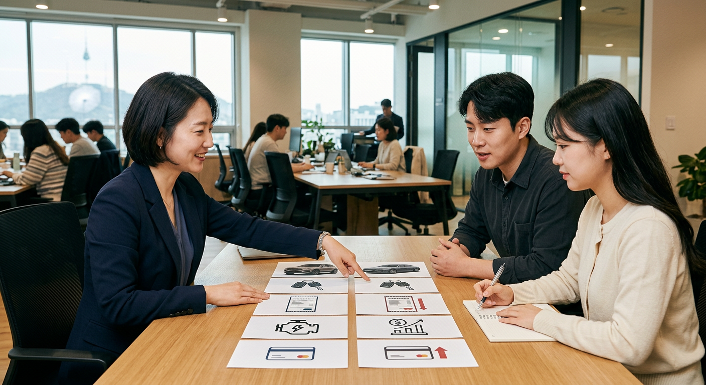 장기렌트와 자동차리스의 대차대조표 및 신용도 영향 차이를 시각화한 구조적 인포그래픽 디자인