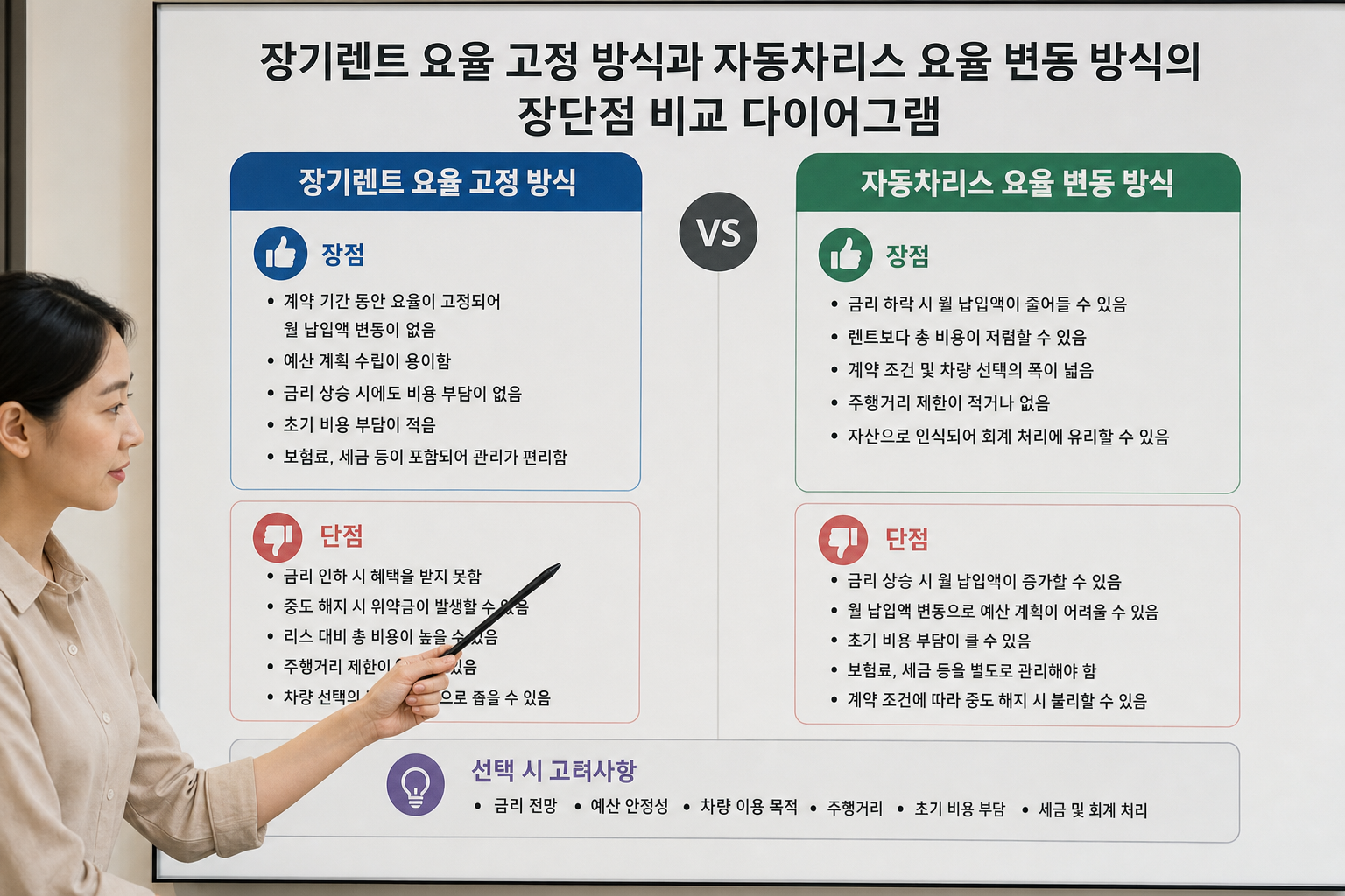 장기렌트 요율 고정 방식과 자동차리스 요율 변동 방식의 장단점 비교 다이어그램