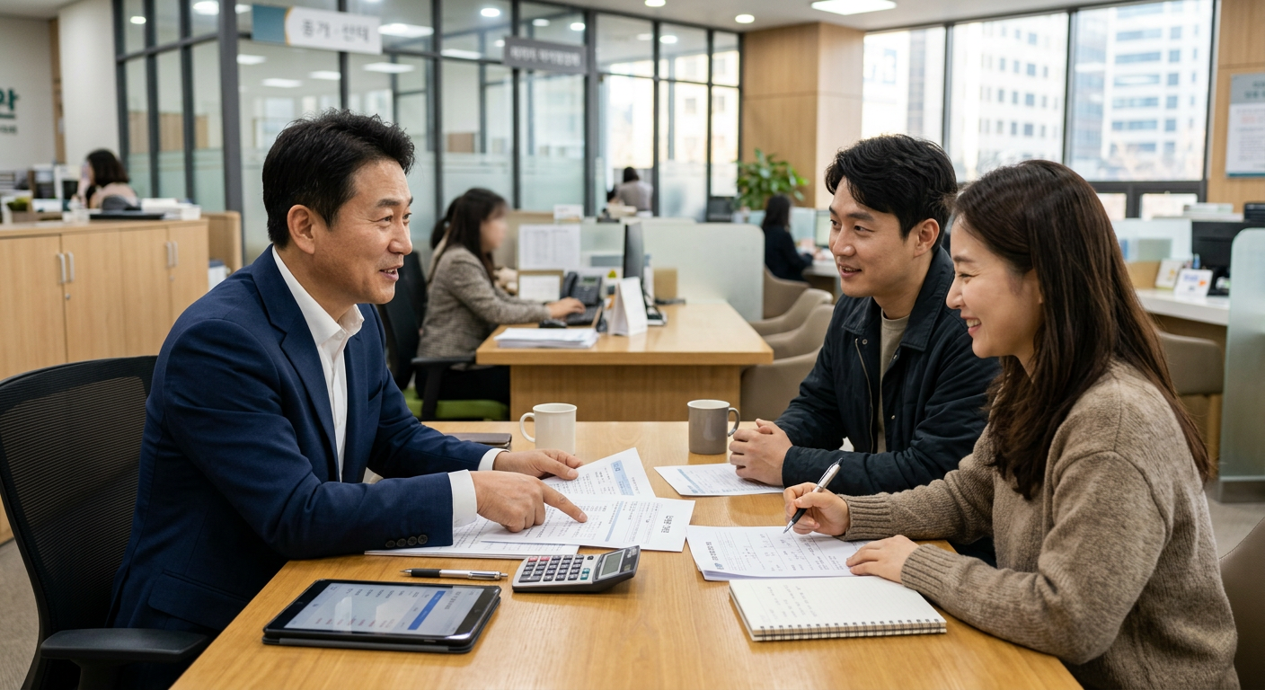 고객이 금융 전문가와 테이블에 마주 앉아 신뢰감 있게 대출 한도와 장기렌트 견적을 상담받는 실제 현장 느낌의 사진