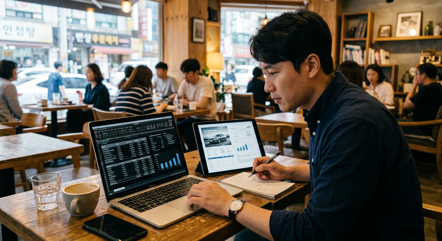 30대 남성 직장인이 카페에서 노트북과 태블릿을 동시에 켜놓고 차량의 세부 프로모션 조건을 꼼꼼하게 비교 분석하는 신뢰감 있는 모습