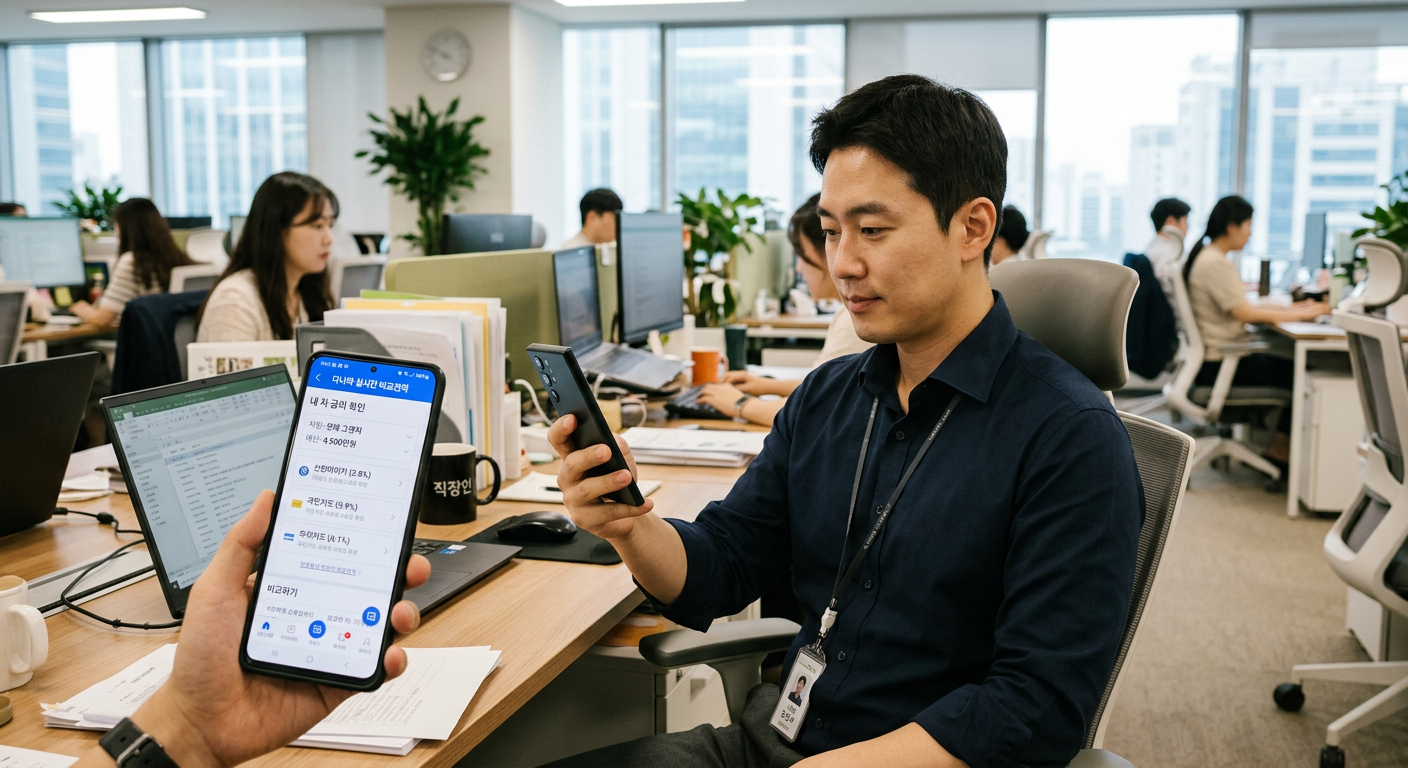직장인이 스마트폰으로 차나와 실시간 비교견적 앱을 구동하여 금리를 확인하는 장면