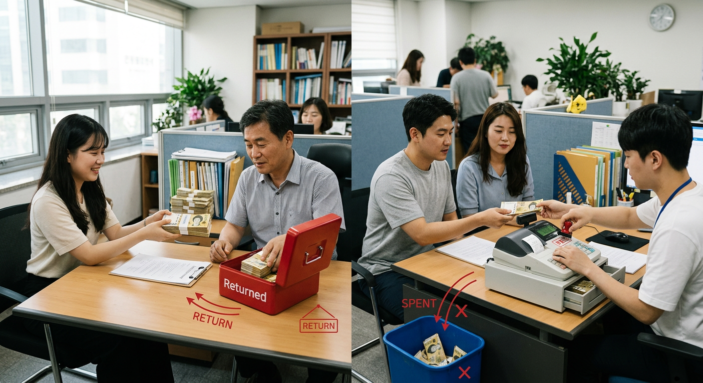 보증금(반환형)과 선수금(소멸형)의 구조 차이를 한눈에 직관적으로 비교해 주는 개념 도식