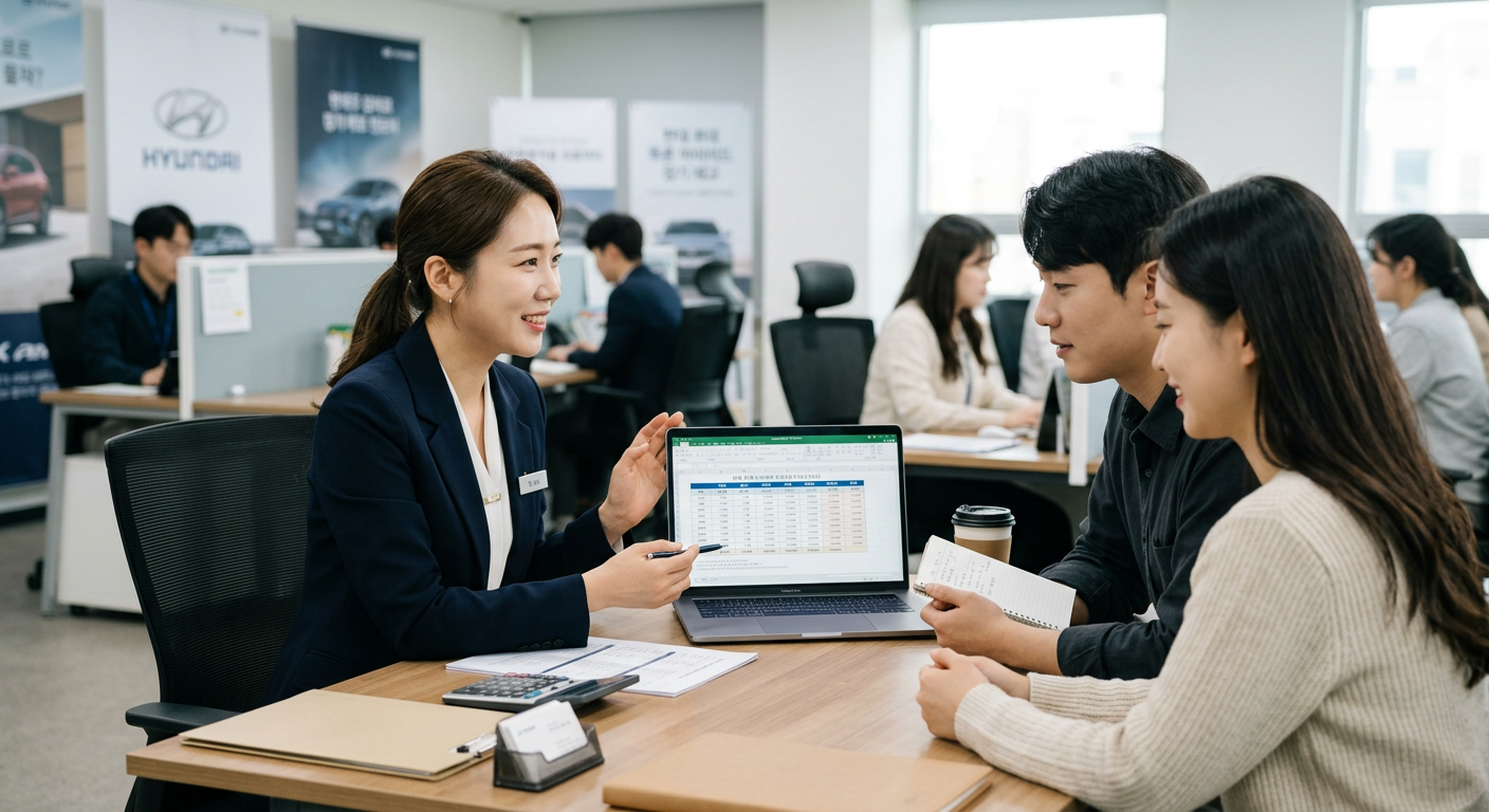 카베이 전문 컨설턴트가 고객의 조건에 맞춰 여러 캐피탈사의 투싼 하이브리드 장기렌트 견적서를 노트북 화면으로 띄워놓고 친절하게 비교 상담하는 장면