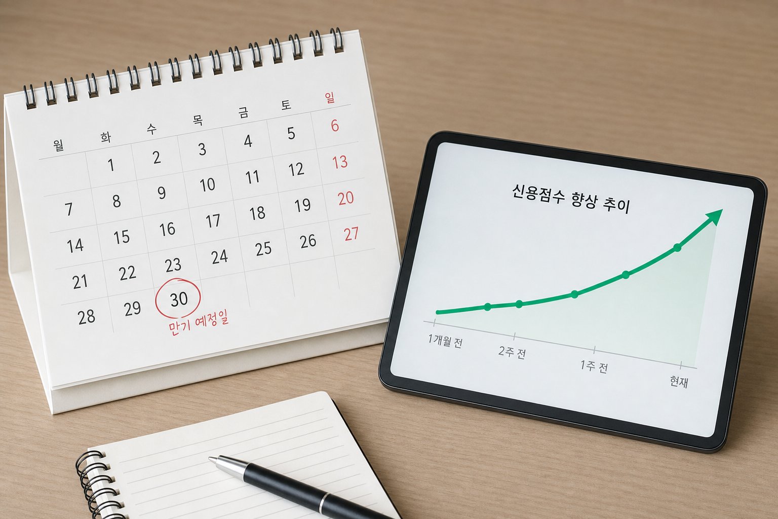 달력의 만기 예정일에 동그라미가 쳐져 있고, 신용점수 향상 그래프가 오르는 일러스트