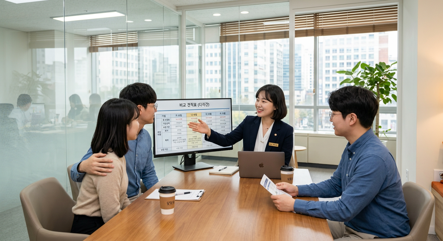 쾌적하고 투명한 상담실 내부에서 전문 어드바이저가 모니터 상의 다자간 비교 견적표를 설명하는 모습