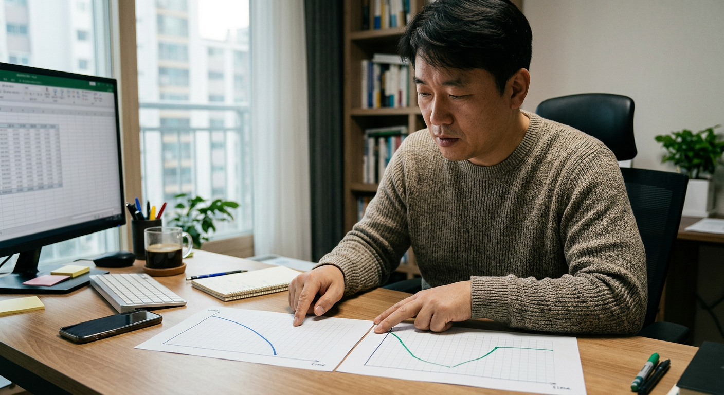 일반 전기차 구매 시 배터리 감가상각 하락 곡선과 장기렌트/리스 이용 시 잔존가치 보장 비교 그래프