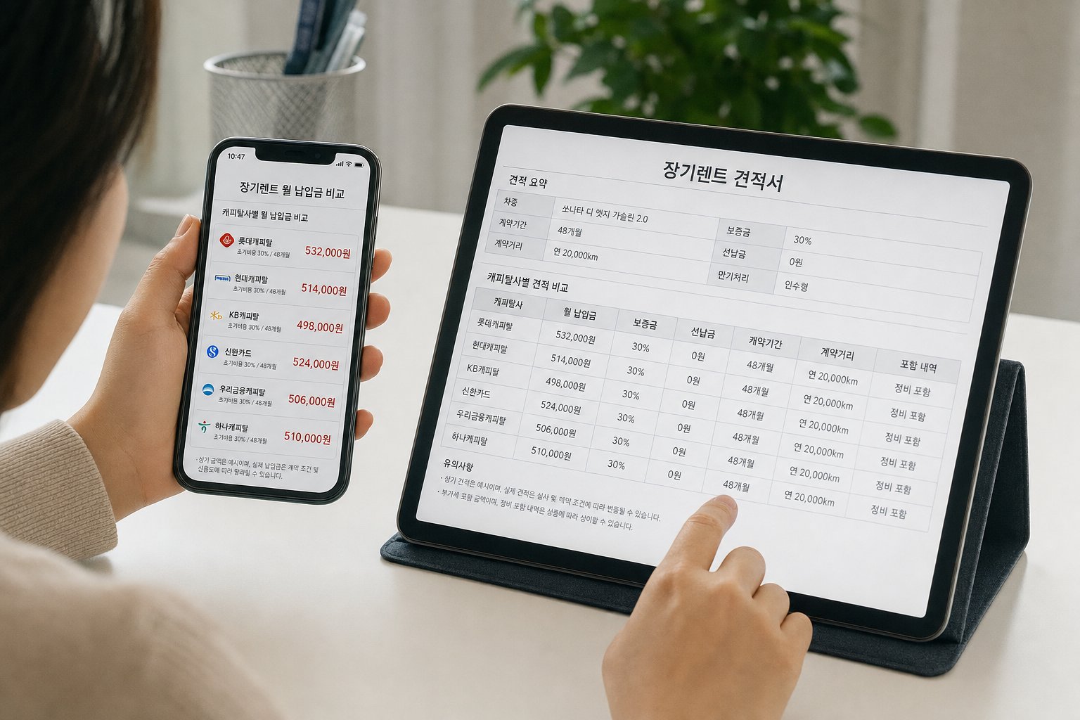 스마트폰과 태블릿 화면에 다양한 캐피탈사별 장기렌트 월 납입금 비교 수치와 견적서가 투명하게 나열되어 있는 화면