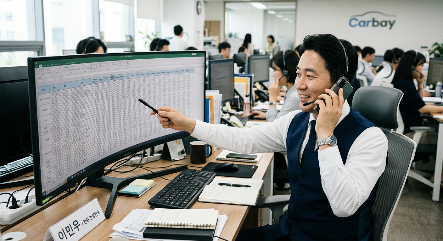 카베이의 전문 컨설턴트가 대형 모니터 화면 가득 30여 개 캐피탈사의 실시간 최저가 견적 테이블을 띄워놓고 고객에게 전화로 1:1 맞춤 상담을 진행하는 모습