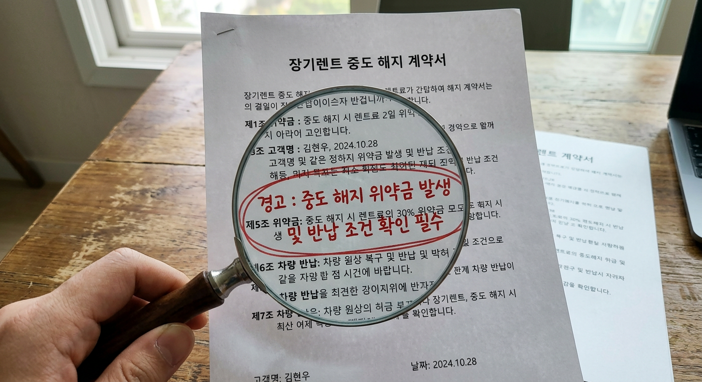 붉은색 경고 표시가 되어 있는 장기렌트 중도 해지 계약서 서류 위에 돋보기가 놓여 있는 모습
