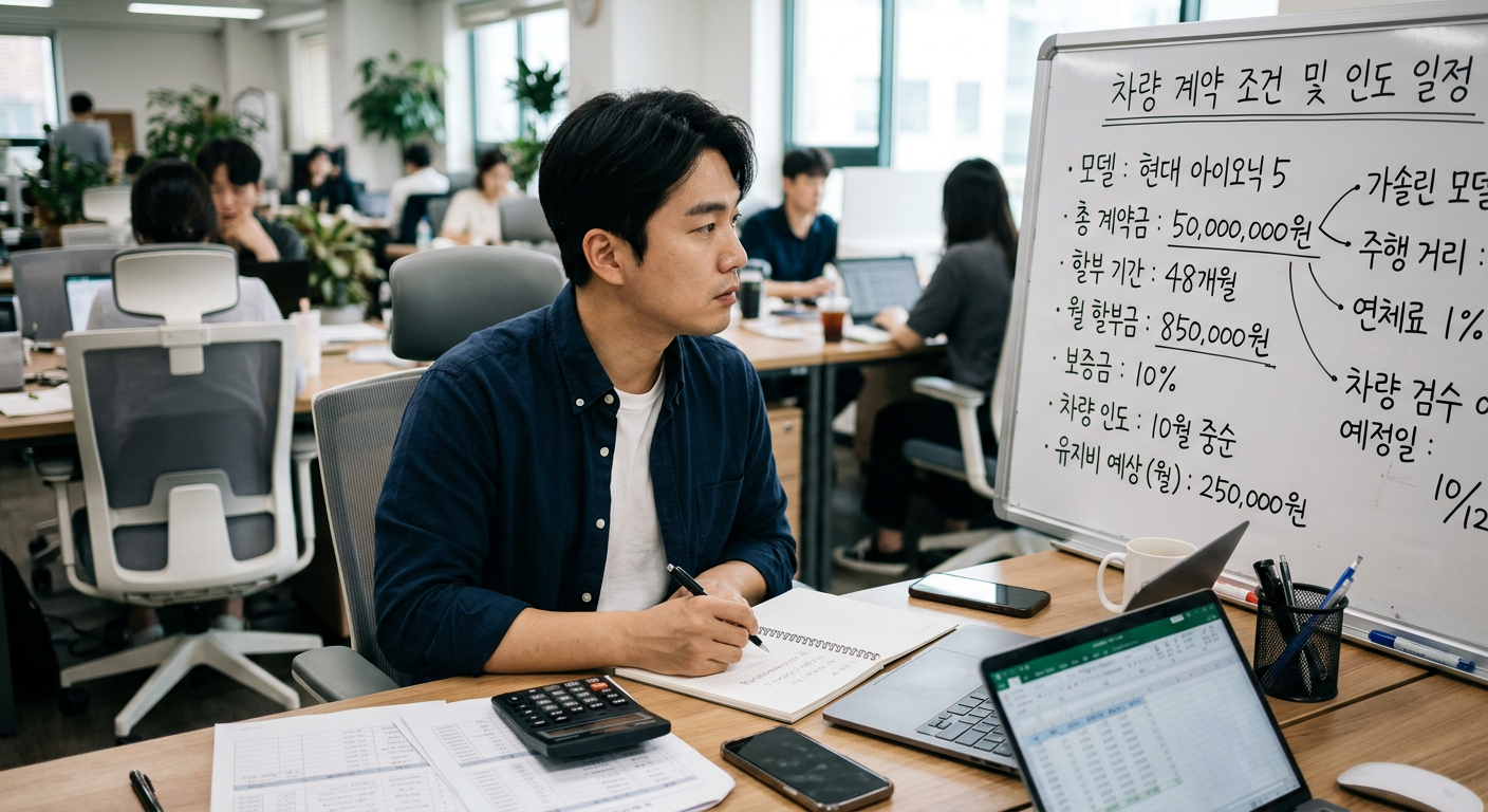 화이트보드에 작성된 차량 계약 조건 일정을 보며 예산을 계산하는 30대 창업자의 모습