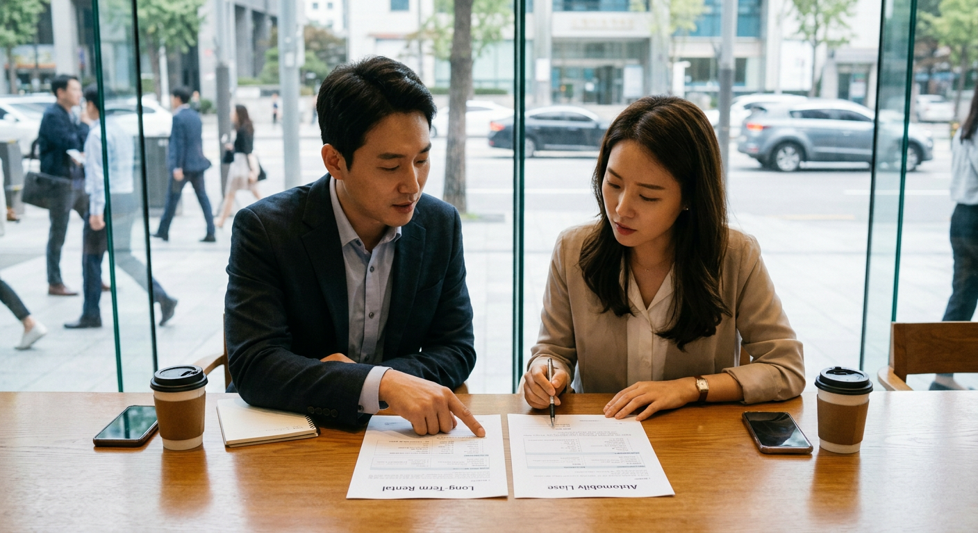 장기렌트(하, 허, 호 번호판, 보험료 포함)와 자동차리스(일반 번호판, 보험료 별도)의 주요 항목별 차이점 비교표