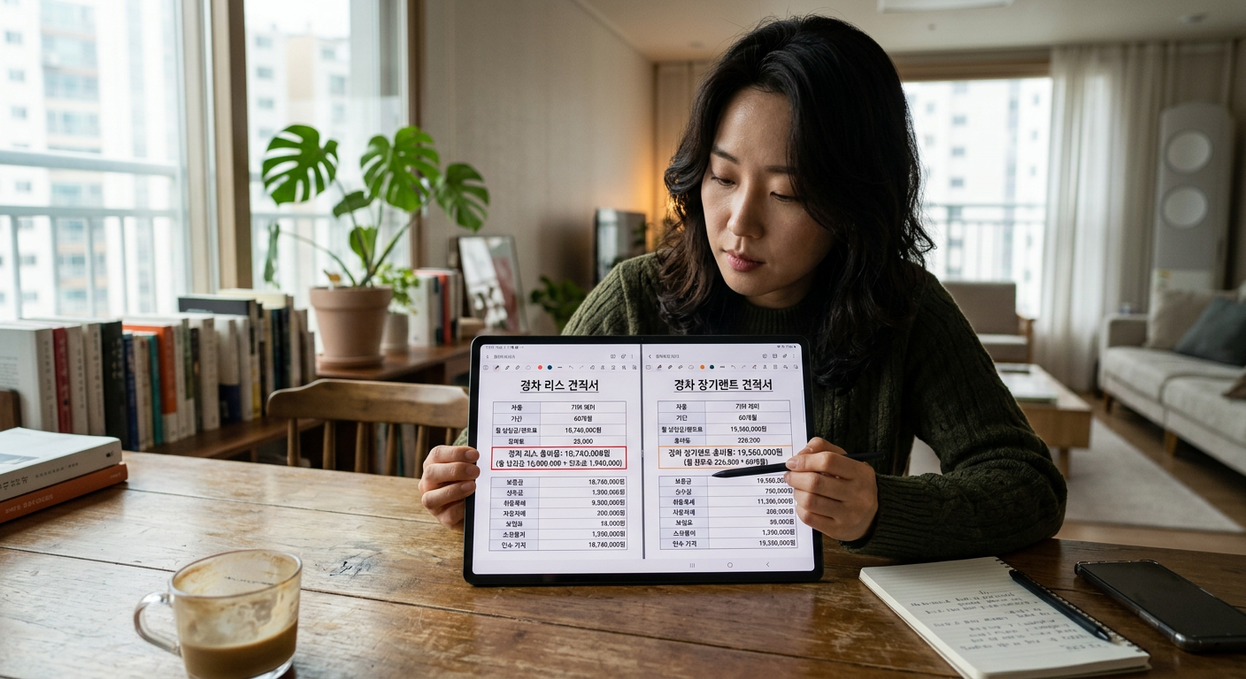 태블릿 화면을 통해 경차 리스 견적서와 장기렌트 견적서의 총비용 항목을 비교하는 모습