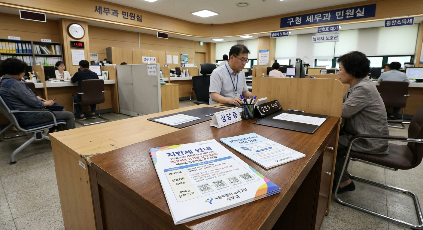 구청 세무과 민원실의 전경과 지방세 안내 팸플릿이 책상 위에 놓여 있는 정적인 구도의 시각 자료