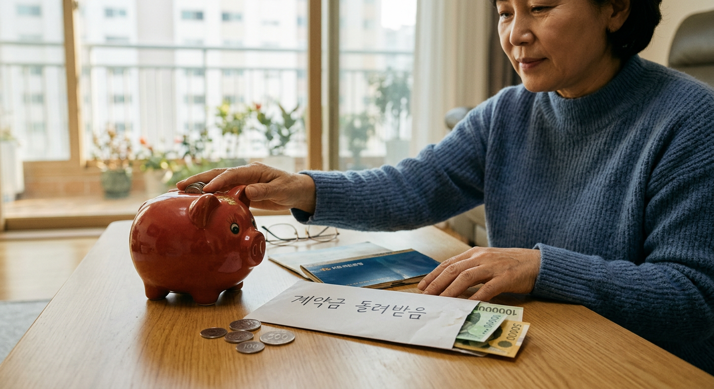 은행 저금통과 돌려받는 계약금 봉투를 일러스트화하여 보증금과 선납금의 자산 흐름 차이를 쉽게 시각화한 이미지