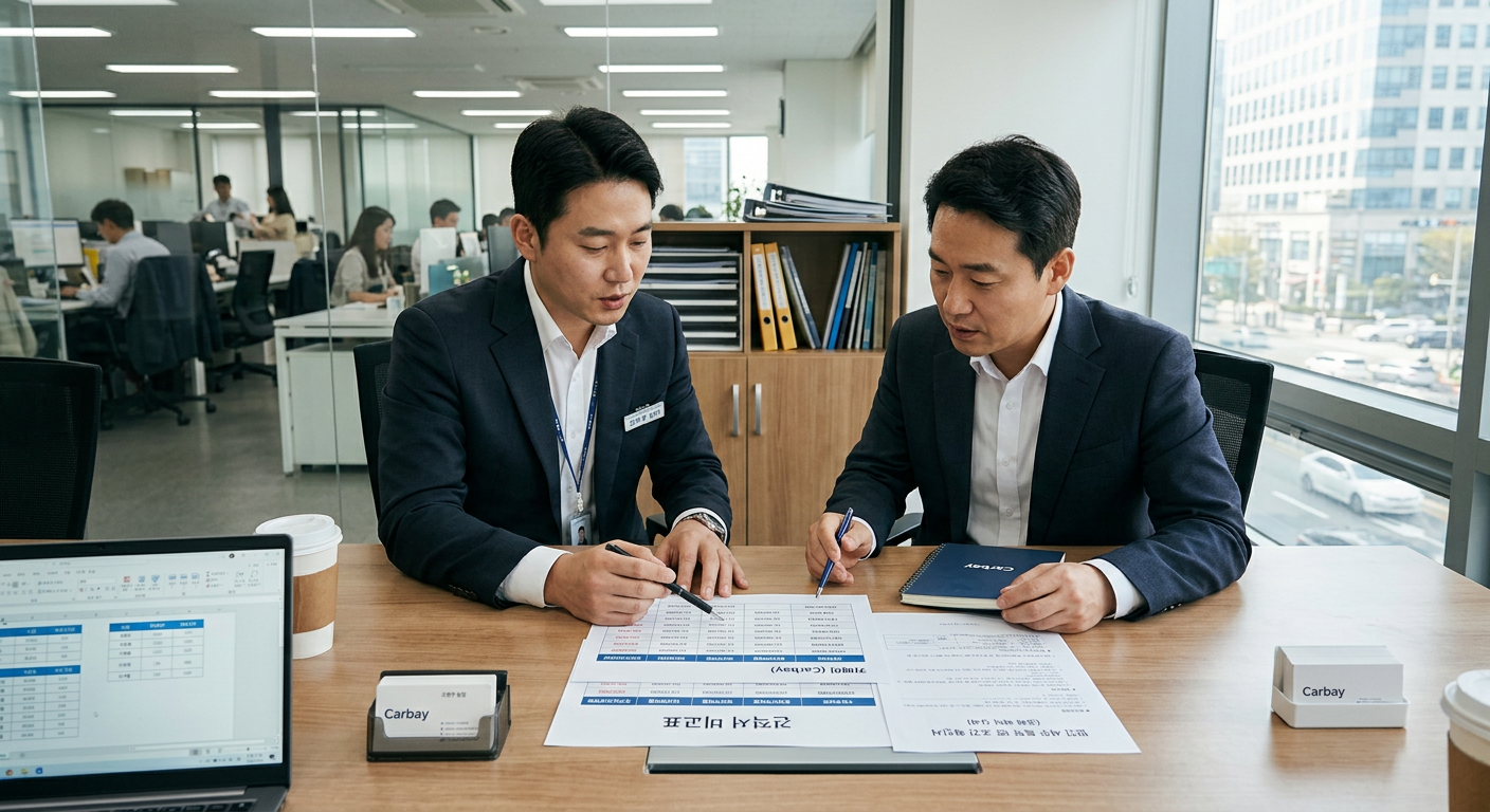 법인 고객이 카베이 컨설턴트와 함께 40여 개 캐피탈사 비교 견적서와 세무 특약 조건을 확인하며 1:1 맞춤 상담을 진행하는 모습