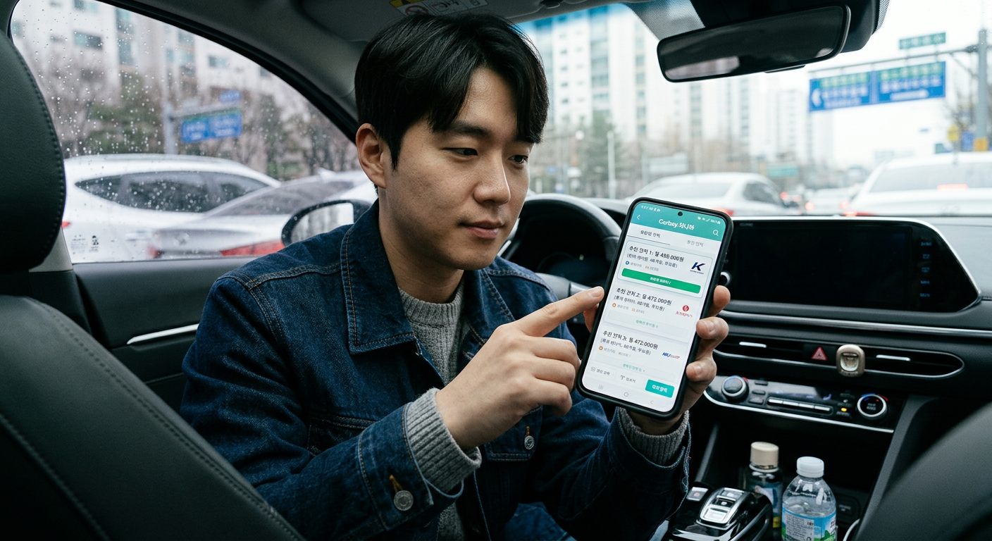 스마트폰 화면에 구동 중인 카베이 차나와 앱의 실시간 비교 견적 매칭 화면 예시