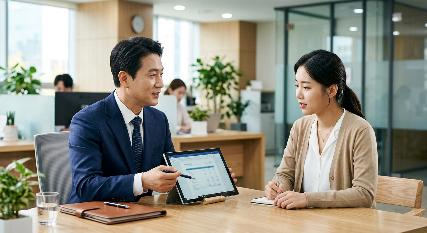 정장을 입은 상담사가 태블릿 PC 화면을 보며 고객에게 다양한 금융사의 승인 조건을 차분하게 설명하는 모습