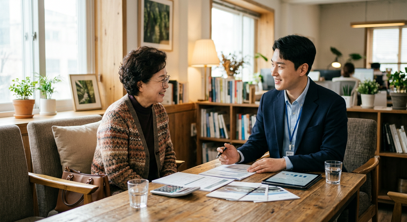 안락한 상담실에서 시니어 창업자가 카베이 컨설턴트에게 친절한 맞춤형 장기렌트 견적 상담을 받고 있는 모습
