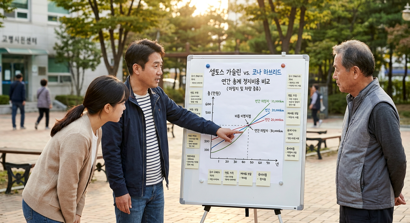 주행거리별(연 1만km, 연 2만km, 연 3만km) 가솔린 셀토스 vs 하이브리드 코나 총 유지비 역전 구간 그래프