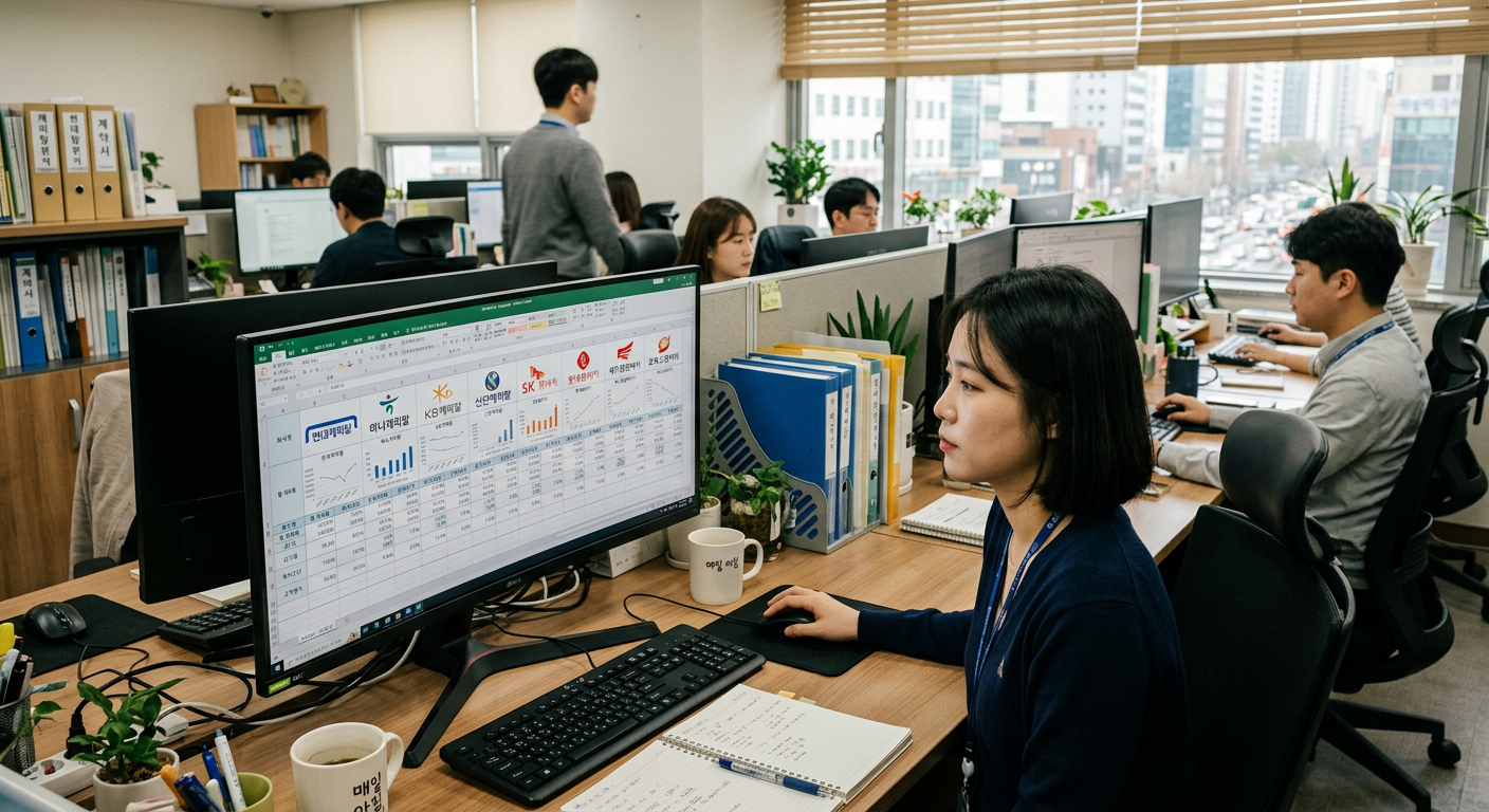 모니터 화면에 다양한 캐피탈사 및 렌터카사의 로고와 비교 분석 데이터가 보이는 사무실 전경