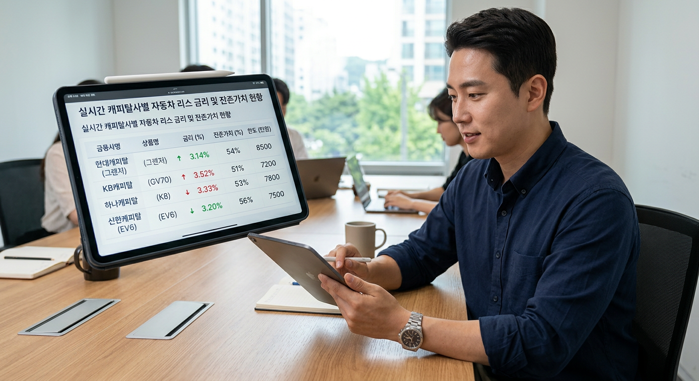 깔끔하게 정리된 태블릿 PC 화면에서 실시간으로 변동되는 캐피탈사별 금리와 잔존가치 테이블 데이터