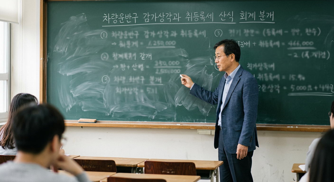 칠판에 차량운반구 감가상각과 취등록세 산식 회계 분개가 깔끔하게 적혀 있는 모습