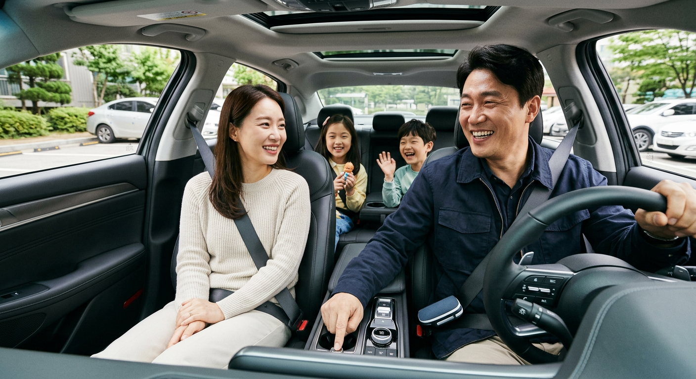 번쩍이는 새 그랜저의 운전석에 앉아 가족들을 태우고 밝은 표정으로 첫 시동을 거는 박 과장의 모습