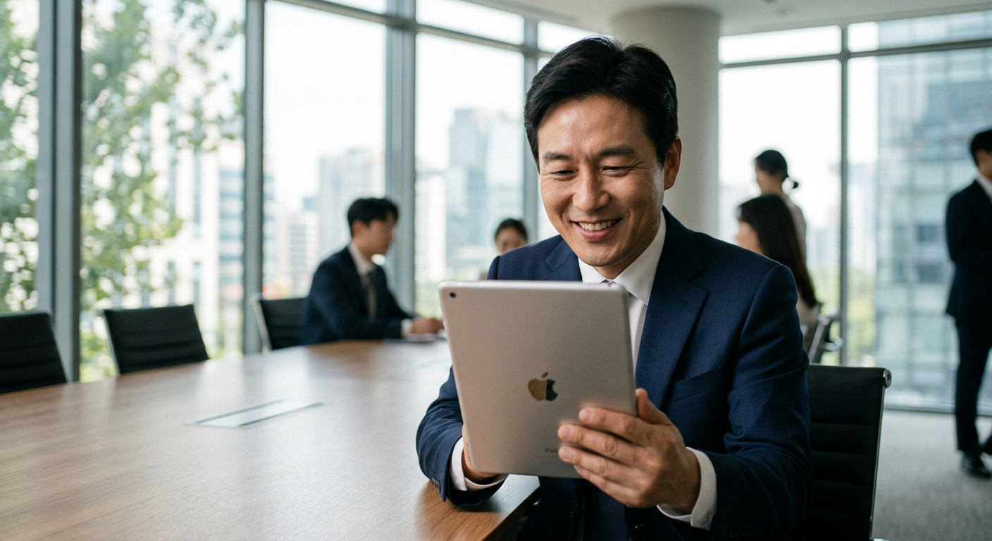 법인 임직원이 태블릿PC 화면에 띄워진 차나와 앱의 다채로운 차량 견적 비교 그래프를 보며 미소 짓는 모습