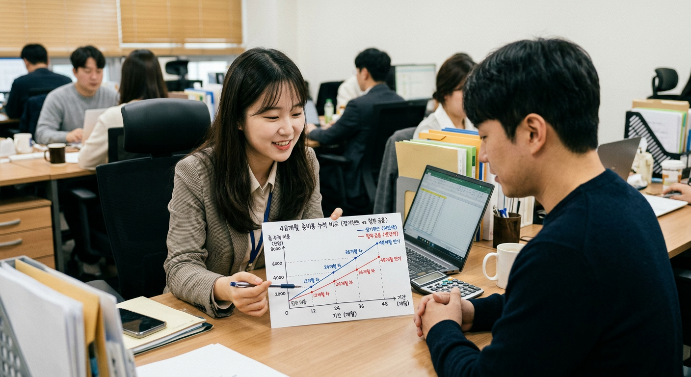 48개월간 발생하는 총비용(인수 비용 포함)의 장기렌트 vs 할부 금융 누적 금액 비교 그래프