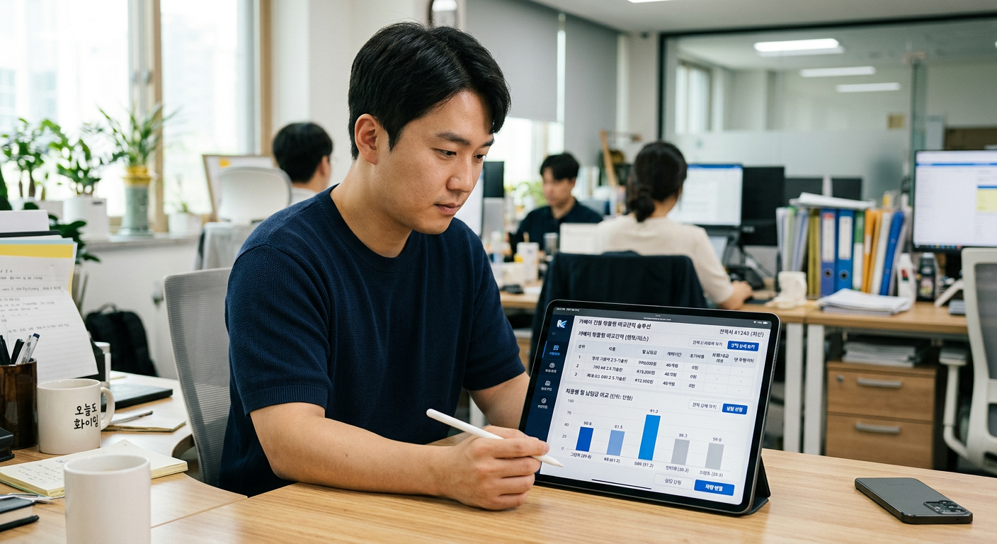 태블릿 화면 위에 카베이 전용 맞춤형 비교견적 솔루션이 표와 그래프로 정갈하게 실행되고 있는 연출 샷