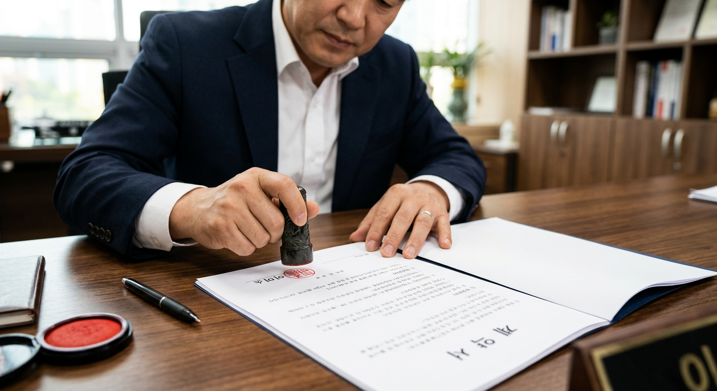 계약 도장을 찍는 손과 계약서 서류가 클로즈업된 깔끔하고 신뢰감 주는 전경