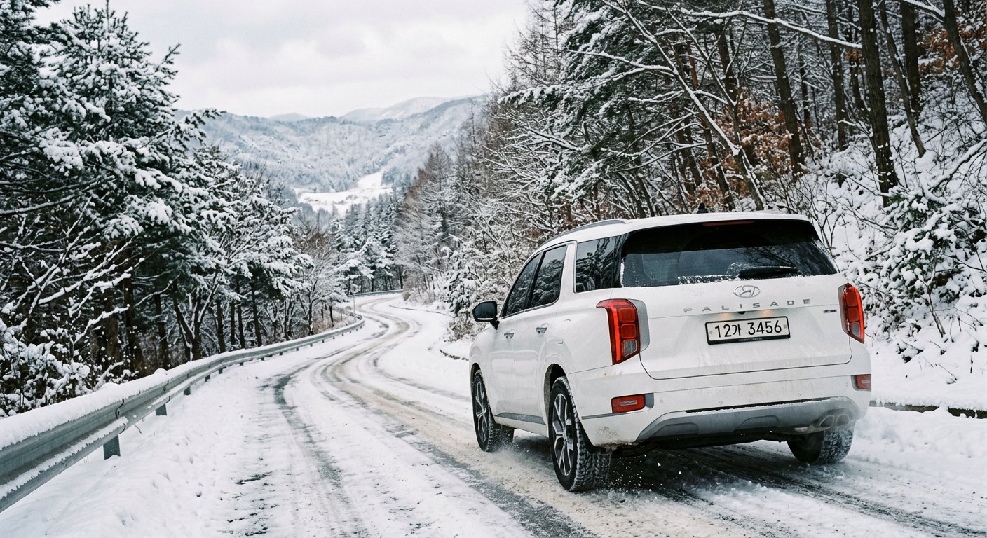 눈 쌓인 언덕길을 안정적으로 올라가는 화이트 색상의 국산 대형 SUV 차량 후면
