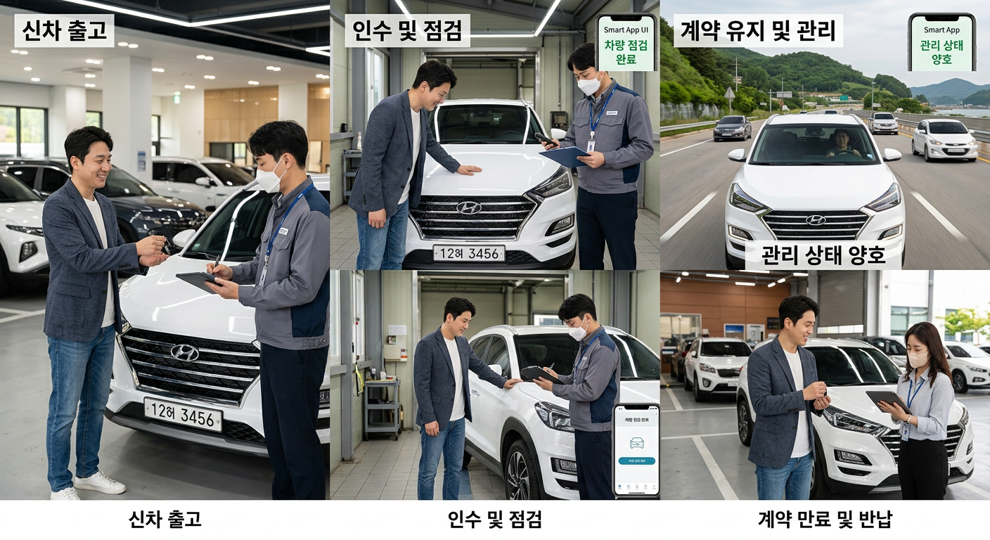 신차 출고부터 인수/반납까지 한눈에 파악하는 장기렌트 스마트 라이프 사이클 도식