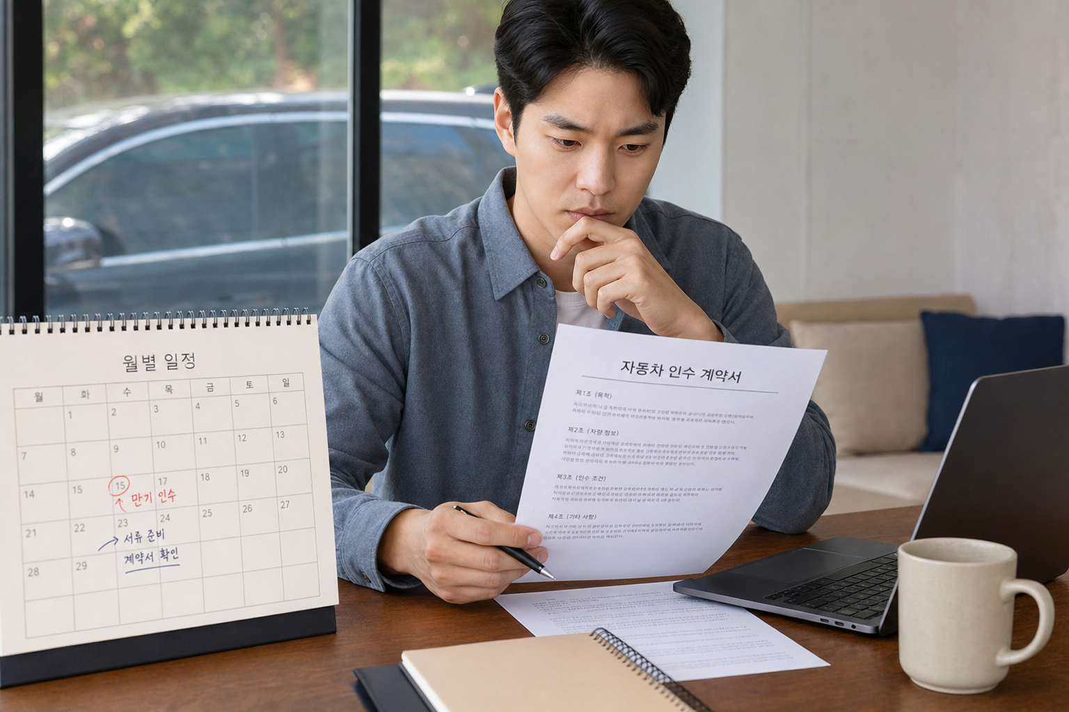 달력과 계약서를 보며 만기 인수 절차를 꼼꼼히 체크하는 운전자의 모습