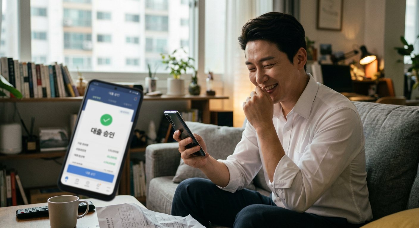 자동차 금융 심사 승인을 안내하는 스마트폰 화면과 안도하는 표정의 직장인 모습