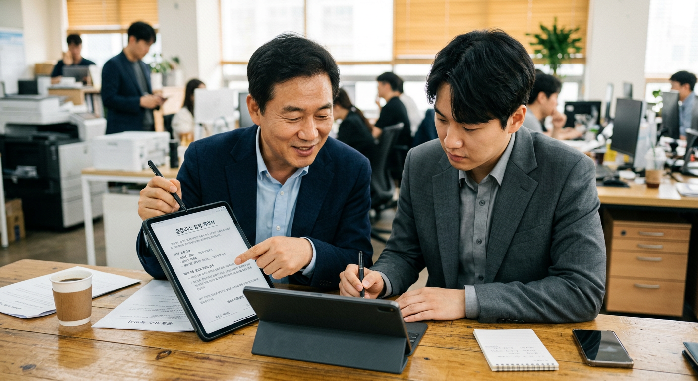 양도인과 양수인이 태블릿 PC를 보며 리스 계약서 승계 조항을 꼼꼼히 확인하고 서명하는 모습