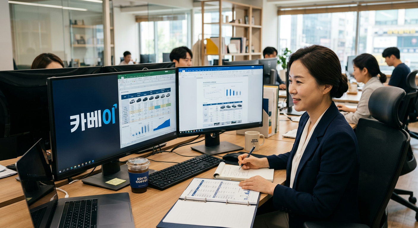 카베이 로고가 표시된 모니터 화면 앞에서 전문 마케터가 1:1 비교견적 포트폴리오를 구성하고 있는 신뢰감 있는 모습
